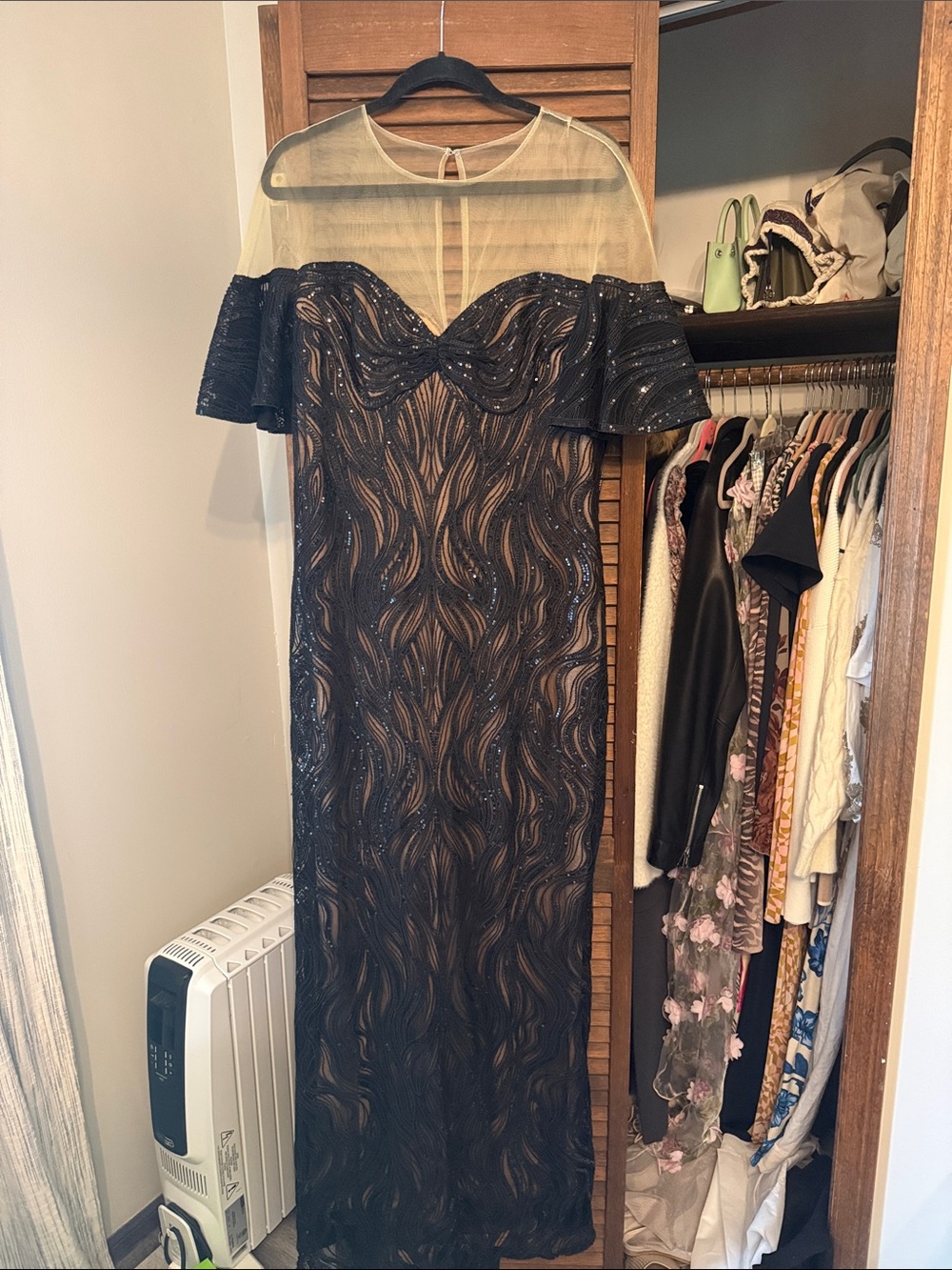 Tadashi Shoji Black Sequin Maxi Dress with Illusion Yoke